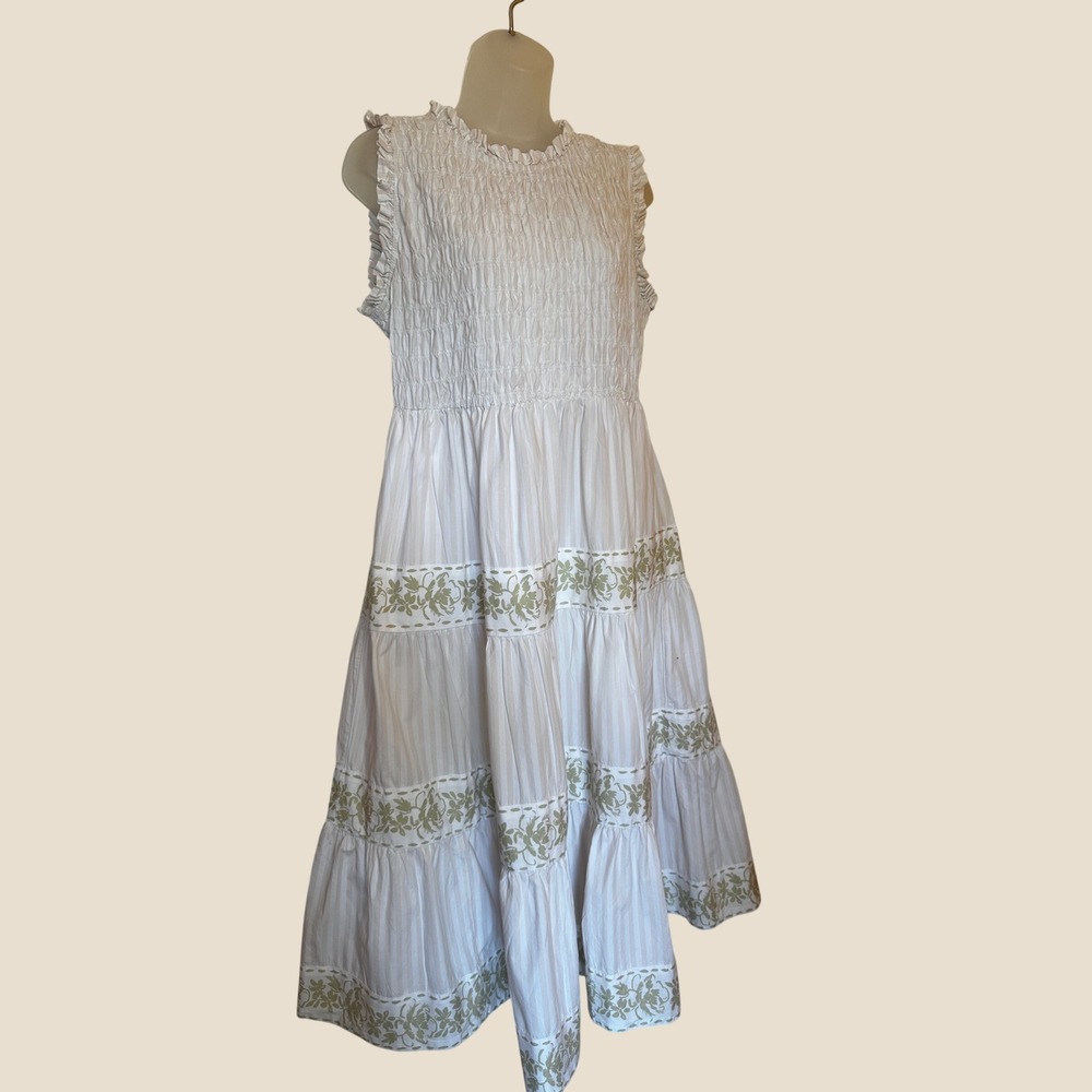 Crown & Ivy Womens White Sage Green Floral Smocked Tiered Cotton Midi Dress 14